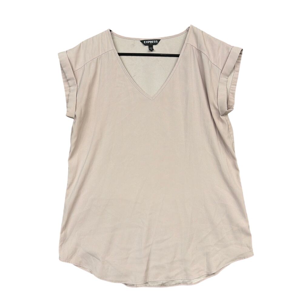 Express Womens Blouse Blush Champagne V Neck Cap Sleeve Shiny Hi Low Medium